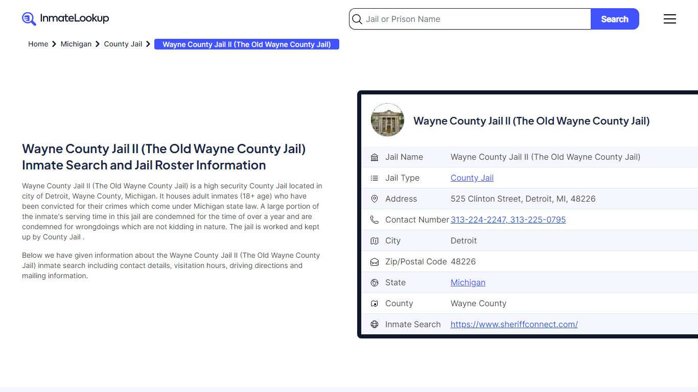 Wayne County Jail II (The Old Wayne County Jail) Inmate Search ...
